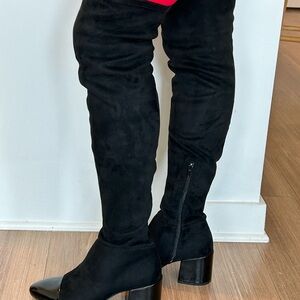INC International Concepts Black Over-The-Knee Suede Boots with Patent Toe